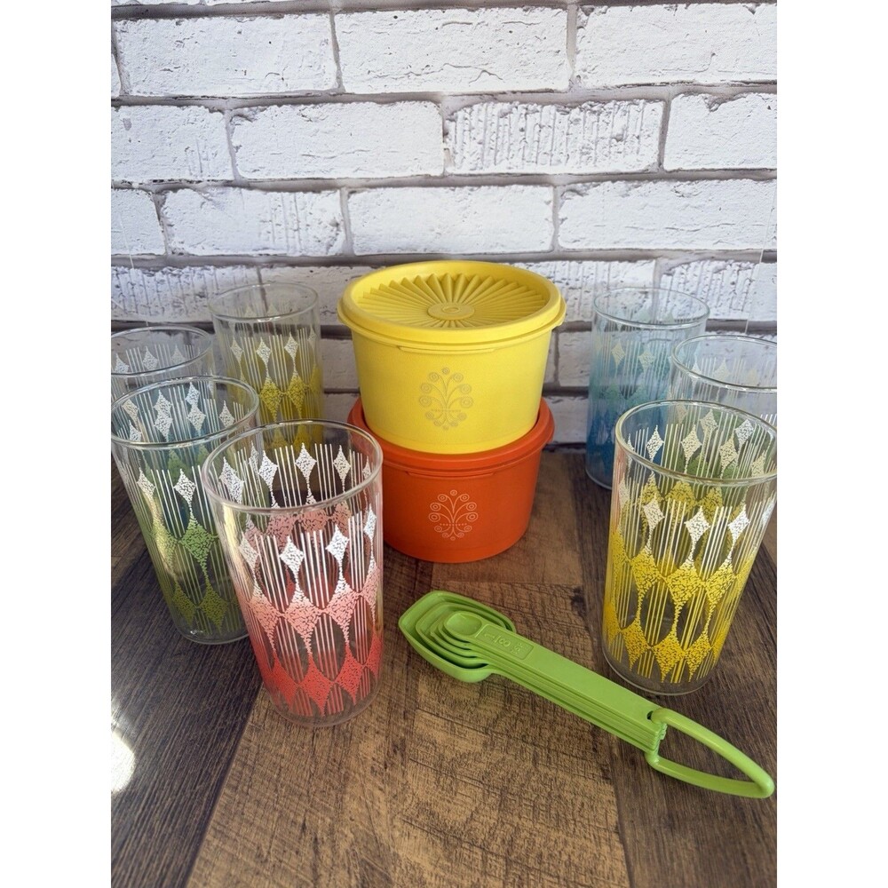 7 Anchor Hocking Rainbow Diamond Band Glasses + Tupperware Canister & Spoons